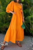 One Shoulder Oblique Collar Single Flare Sleeve Belted Vacation Long A Line Pleated Maxi Sundress