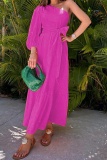 One Shoulder Oblique Collar Single Flare Sleeve Belted Vacation Long A Line Pleated Maxi Sundress