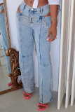 Casual Hollow Out With Belt High Waist Straight Leg Denim Jeans
