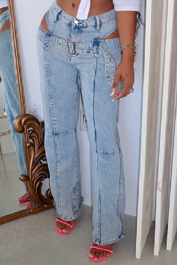 Casual Hollow Out With Belt High Waist Straight Leg Denim Jeans