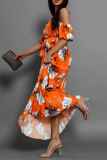 Floral Print Lace Up Off Shoulder Hubble-Bubble Sleeve Cinch Waits Vacation Pleated Maxi Sundress
