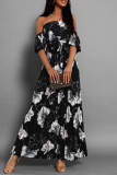Floral Print Lace Up Off Shoulder Hubble-Bubble Sleeve Cinch Waits Vacation Pleated Maxi Sundress