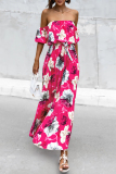 Floral Print Lace Up Off Shoulder Hubble-Bubble Sleeve Cinch Waits Vacation Pleated Maxi Sundress