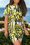 Casual Graffti Print O Neck Short Sleeve Oversize T Shirt And Shorts Two Pieces Shorts Set
