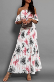 Floral Print Lace Up Off Shoulder Hubble-Bubble Sleeve Cinch Waits Vacation Pleated Maxi Sundress