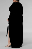 Formal Deep V Neck Long Sleeve Lace Up Front Slit Plus Size Loose Vacation A Line Maxi Dress