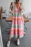 Boho Print V Neck Long Sleeve Ankle Length Loose Vacation A Line Linen Shirt Dress