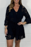 Lace Flower Print V Neck 3/4 Sleeve See-Through Crochet Blouse And Shorts Vacation Two Pieces Shorts Sets