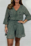 Lace Flower Print V Neck 3/4 Sleeve See-Through Crochet Blouse And Shorts Vacation Two Pieces Shorts Sets
