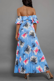 Floral Print Lace Up Off Shoulder Hubble-Bubble Sleeve Cinch Waits Vacation Pleated Maxi Sundress