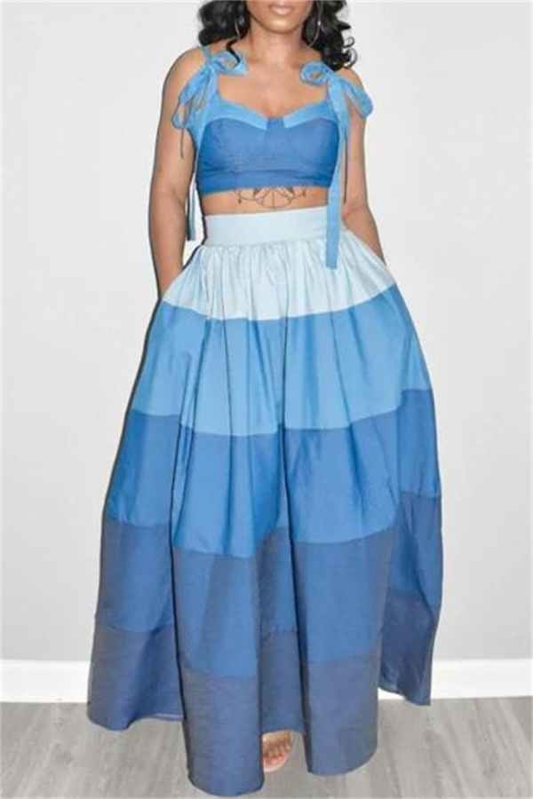 Sleeveless Backless Graphics Print Hollow Out Bow Tie Halter Crop Tops And  A Line Maxi Skirt Vacation Plus Size Two Pieces Dress Sets