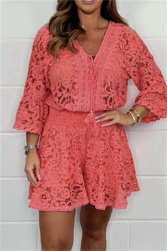 Lace Flower Print V Neck 3/4 Sleeve See-Through Crochet Blouse And Shorts Vacation Two Pieces Shorts Sets