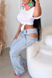 Casual Hollow Out With Belt High Waist Straight Leg Denim Jeans