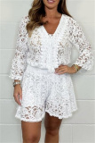 Lace Flower Print V Neck 3/4 Sleeve See-Through Crochet Blouse And Shorts Vacation Two Pieces Shorts Sets