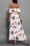 Floral Print Lace Up Off Shoulder Hubble-Bubble Sleeve Cinch Waits Vacation Pleated Maxi Sundress