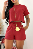 Sportwear O Neck Short Sleeve Crop T Shirt And Drawstring Shorts Pocket Lace Up Two Pieces Shorts Sets