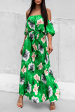 Floral Print Lace Up Off Shoulder Hubble-Bubble Sleeve Cinch Waits Vacation Pleated Maxi Sundress
