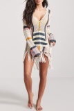 Knit Striped Print Deep V Neck Long Sleeves Hollow Out See-Through Fringed Hem Vacation Beach Swimwears Corchet Cover Up Dress