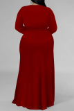 Formal Deep V Neck Long Sleeve Lace Up Front Slit Plus Size Loose Vacation A Line Maxi Dress
