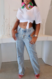 Casual Hollow Out With Belt High Waist Straight Leg Denim Jeans