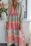 Boho Print V Neck Long Sleeve Ankle Length Loose Vacation A Line Linen Shirt Dress