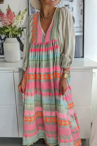 Boho Print V Neck Long Sleeve Ankle Length Loose Vacation A Line Linen Shirt Dress