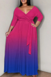 Gradient Color Strap Design V Neck Three Quarter Long Plus Size Loose Vacation A Line Maxi Dress