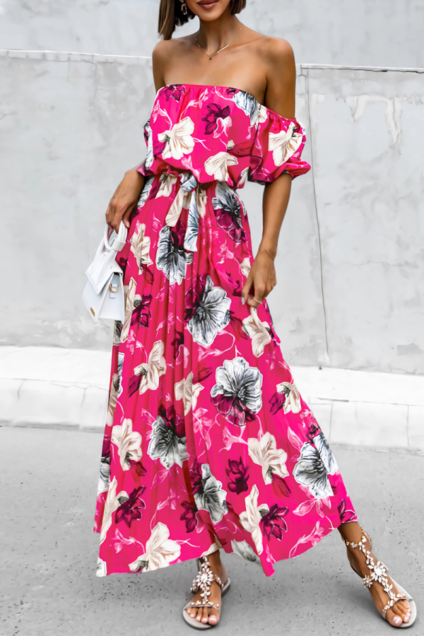Floral Print Lace Up Off Shoulder Hubble-Bubble Sleeve Cinch Waits Vacation Pleated Maxi Sundress