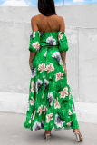 Floral Print Lace Up Off Shoulder Hubble-Bubble Sleeve Cinch Waits Vacation Pleated Maxi Sundress