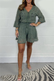 Lace Flower Print V Neck 3/4 Sleeve See-Through Crochet Blouse And Shorts Vacation Two Pieces Shorts Sets