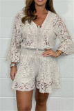 Lace Flower Print V Neck 3/4 Sleeve See-Through Crochet Blouse And Shorts Vacation Two Pieces Shorts Sets