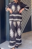 Boho Print Turndown Collar Long Sleeve Blouse And Wide Leg Pants Vacation Two Pieces Trouser Sets