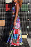 Sleeveless Backless Graphics Print Hollow Out Bow Tie Halter Crop Tops And  A Line Maxi Skirt Vacation Plus Size Two Pieces Dress Sets