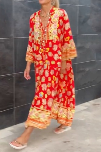 Boho Floral Print V Neck Long Sleeve Long Ankle Length Loose Vacation A Line Linen Shirt Dress