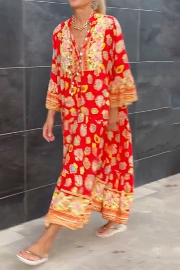 Boho Floral Print V Neck Long Sleeve Long Ankle Length Loose Vacation A Line Linen Shirt Dress