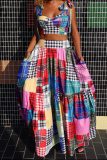 Sleeveless Backless Graphics Print Hollow Out Bow Tie Halter Crop Tops And  A Line Maxi Skirt Vacation Plus Size Two Pieces Dress Sets