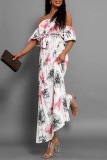 Floral Print Lace Up Off Shoulder Hubble-Bubble Sleeve Cinch Waits Vacation Pleated Maxi Sundress