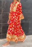 Boho Floral Print V Neck Long Sleeve Long Ankle Length Loose Vacation A Line Linen Shirt Dress