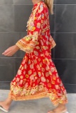 Boho Floral Print V Neck Long Sleeve Long Ankle Length Loose Vacation A Line Linen Shirt Dress