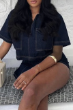 Casual V Neck Short Sleeve Pocket Denim Crop Tops And Mini Skirts Two Pieces Dress Sets