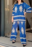 Boho Print Turndown Collar Long Sleeve Blouse And Wide Leg Pants Vacation Two Pieces Trouser Sets