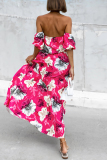 Floral Print Lace Up Off Shoulder Hubble-Bubble Sleeve Cinch Waits Vacation Pleated Maxi Sundress