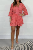 Lace Flower Print V Neck 3/4 Sleeve See-Through Crochet Blouse And Shorts Vacation Two Pieces Shorts Sets