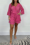 Lace Flower Print V Neck 3/4 Sleeve See-Through Crochet Blouse And Shorts Vacation Two Pieces Shorts Sets