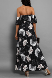 Floral Print Lace Up Off Shoulder Hubble-Bubble Sleeve Cinch Waits Vacation Pleated Maxi Sundress