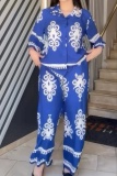 Boho Print Turndown Collar Long Sleeve Blouse And Wide Leg Pants Vacation Two Pieces Trouser Sets