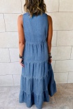 Sleeveless Deep V Neck Tiered Hem Loose Vacation Pleated Denim Maxi Dresses