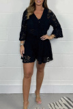 Lace Flower Print V Neck 3/4 Sleeve See-Through Crochet Blouse And Shorts Vacation Two Pieces Shorts Sets