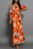 Floral Print Lace Up Off Shoulder Hubble-Bubble Sleeve Cinch Waits Vacation Pleated Maxi Sundress