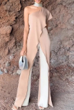 Formal Sloping Shoulder Single Sleeve Ruffle Trim Front Slit Vacation Longline Tops Jumpsuits